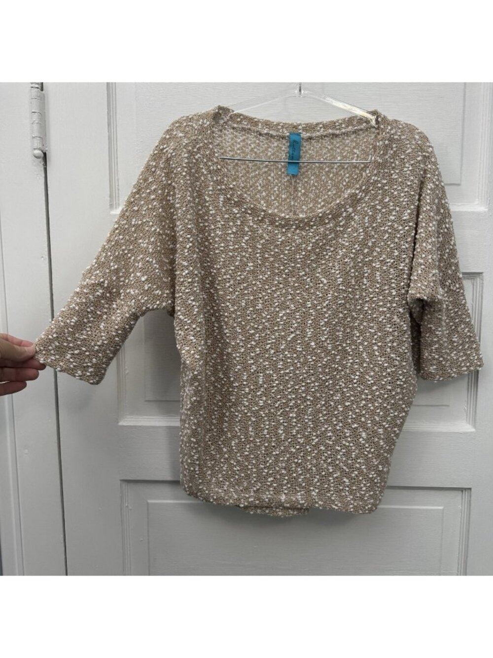 Buttons Popcorn Knit Top Women’s L Beige White Metallic Dolman Sweater